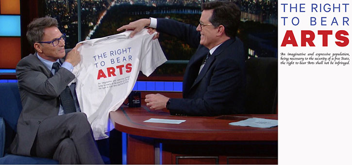 <span class='title'>Right To Bear Arts</span><span>The Creative Coalition’s Right to Bear Arts campaign is a call for the right to maintain an imaginative and expressive population. For more information and to find out how you can get your very own t-shirt <a href='http://thecreativecoalition.org/2016/11/22/right-to-bear-arts/' target='_blank'>click HERE</a> to link to our Right To Bear Arts page.</a>